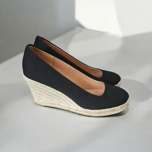 J. Crew Black and Cream Wedge Espadrilles Size 6.5 - Picture 2 of 6